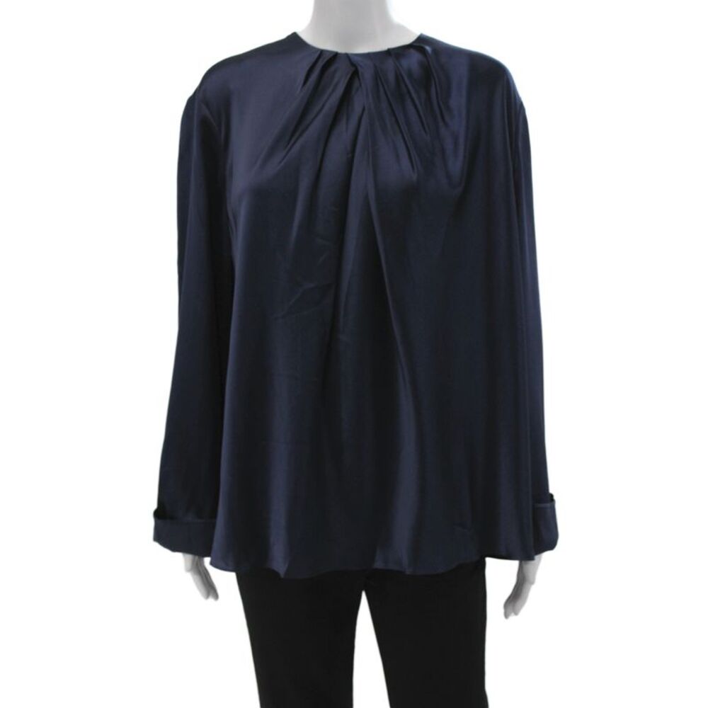 Lily Silk Womens Blue Mulberry Silk High Neck Long Sleeve Basic Blouse Size 2XL